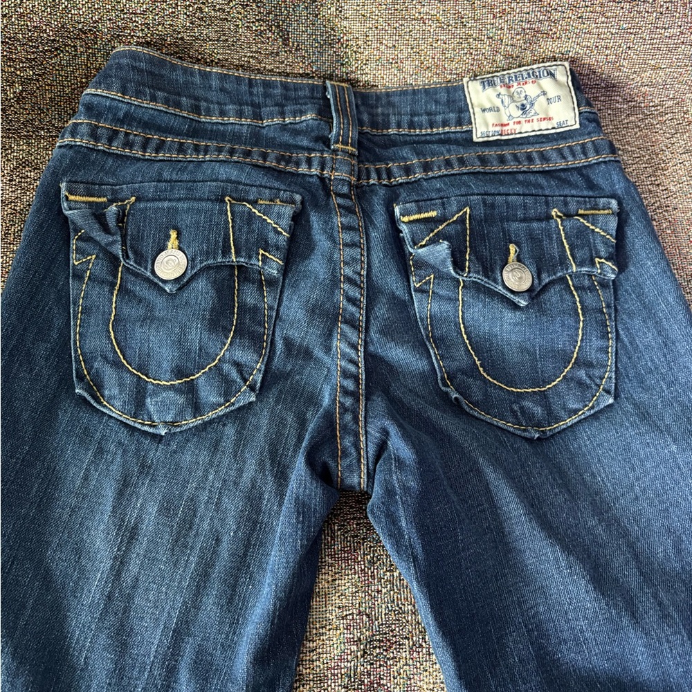 True Religion Women's Dark Blue Skinny Jeans with Contrasting Yellow Stitching